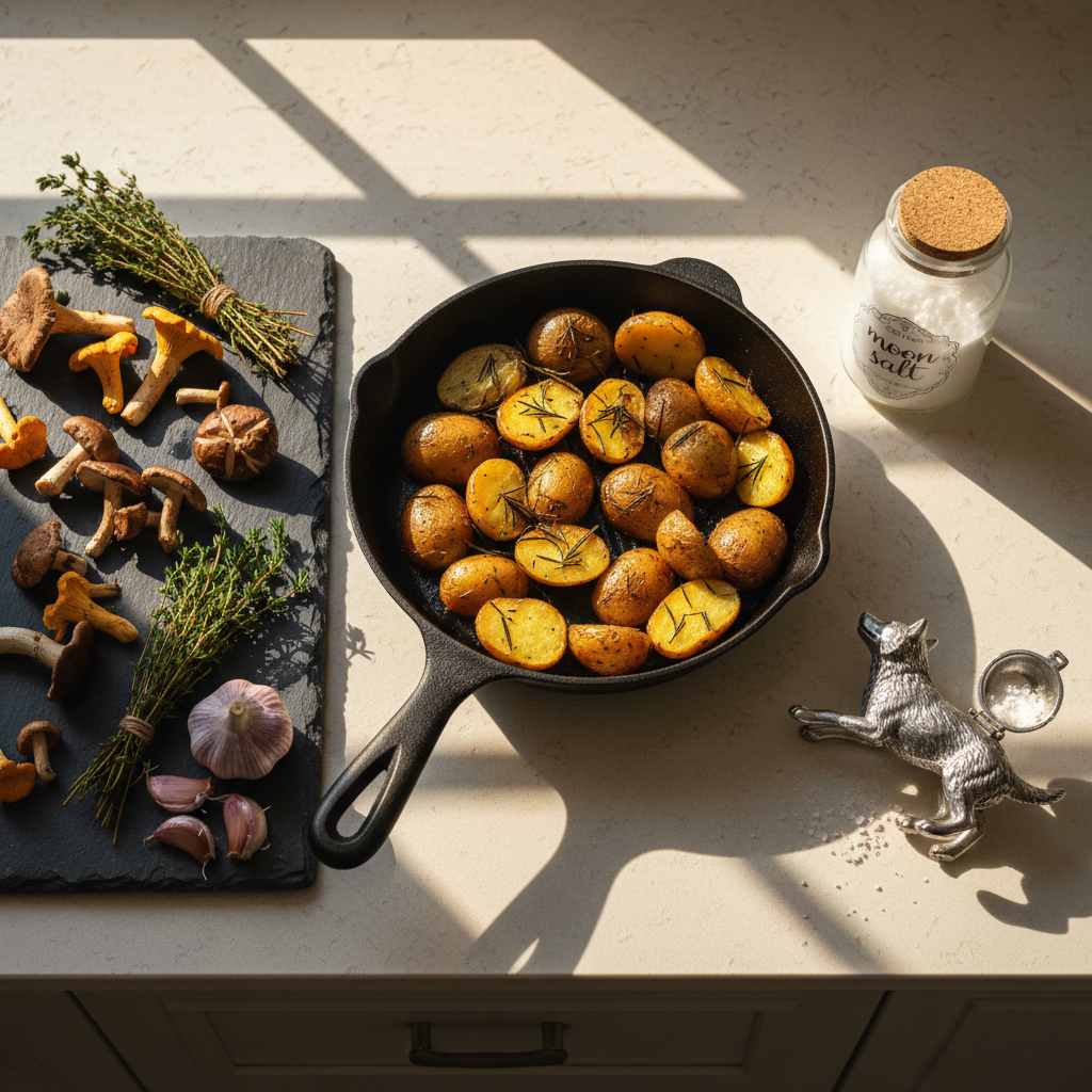 A minimalist kitchen counter of pale quartz holding an elegant arrangement: a matte black cast-iron skillet sizzling with golden rosemary potatoes, beside a slate board lined with fresh forest mushrooms, purple garlic, and sprigs of thyme tied with twine. A frosted glass jar labeled “moon salt” sits nearby, next to a small silver wolf-shaped salt cellar. Afternoon sunlight streams through an unseen window, creating dramatic diagonal beams and soft shadows across the ingredients. Photographic realism with vibrant, true-to-life colors emphasizes the sensory pleasures of magical everyday cooking. Shot from a slightly elevated top-down angle, the scene feels playful and modern, blending witchy details with a clean, contemporary lifestyle aesthetic.
