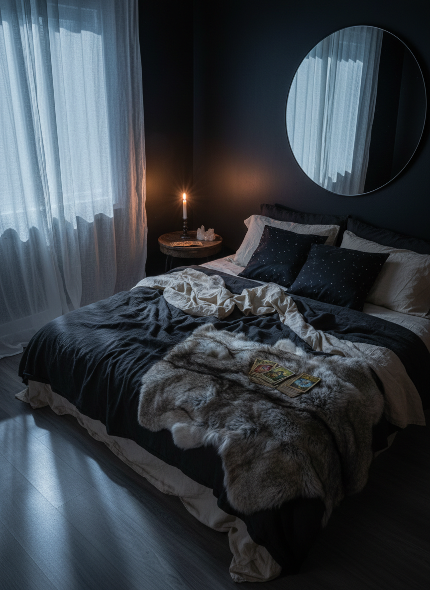 A moonlit bedroom sanctuary featuring an unmade linen bed in deep charcoal and soft cream, draped with a faux fur throw resembling a wolf pelt and accented by star-patterned cushions. A low wooden nightstand holds a flickering black candle, a small crystal cluster, and a worn tarot deck fanned open. Across the room, a round mirror catches silver-blue moonlight streaming through gauzy curtains, casting soft reflections on matte black walls. Photographic realism, cool-toned night lighting punctuated by warm candle glow creates an intimate, quietly enchanted mood. Captured from a slightly elevated corner angle with a wide lens, the composition highlights layered textures and negative space, suggesting a magical, lived-in lifestyle retreat.