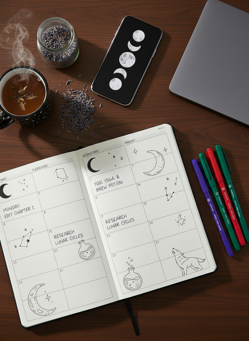 A flat-lay of a weekly planner open on a dark wooden table, its pages filled with neat handwritten tasks and playful doodles of moons, wolves, and potion bottles. Surrounding it are color-coded gel pens, a black enamel mug printed with tiny silver stars, and a small glass jar of dried lavender spilling slightly. A phone rests nearby with a minimalist moon-phase wallpaper, and a closed laptop in matte slate gray anchors the corner. Photographic realism with bright, indirect daylight from the left creates clean, minimal shadows and highlights the paper texture. Captured from directly overhead with sharp focus throughout, the composition feels organized yet whimsical, embodying a lifestyle of intentional planning infused with everyday magic.