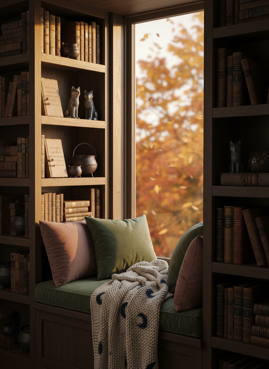 A cozy reading nook carved into a window seat, framed by dark wooden shelves overflowing with botanical guides, astrology books, and spellcraft journals, interspersed with ceramic wolf statues and tiny cauldrons. Plush cushions in deep forest green and dusty mauve spill over the bench, along with a wool blanket patterned with crescent moons. Outside the large window, autumn leaves swirl in a soft blur. Late-afternoon golden light floods the space, creating warm highlights on the book spines and gentle shadows along the shelves. Photographic realism with a slightly muted, earthy color palette. Captured at eye level with a medium depth of field, the composition pulls the viewer into an inviting, magical lifestyle corner perfect for slow living and enchanted learning.