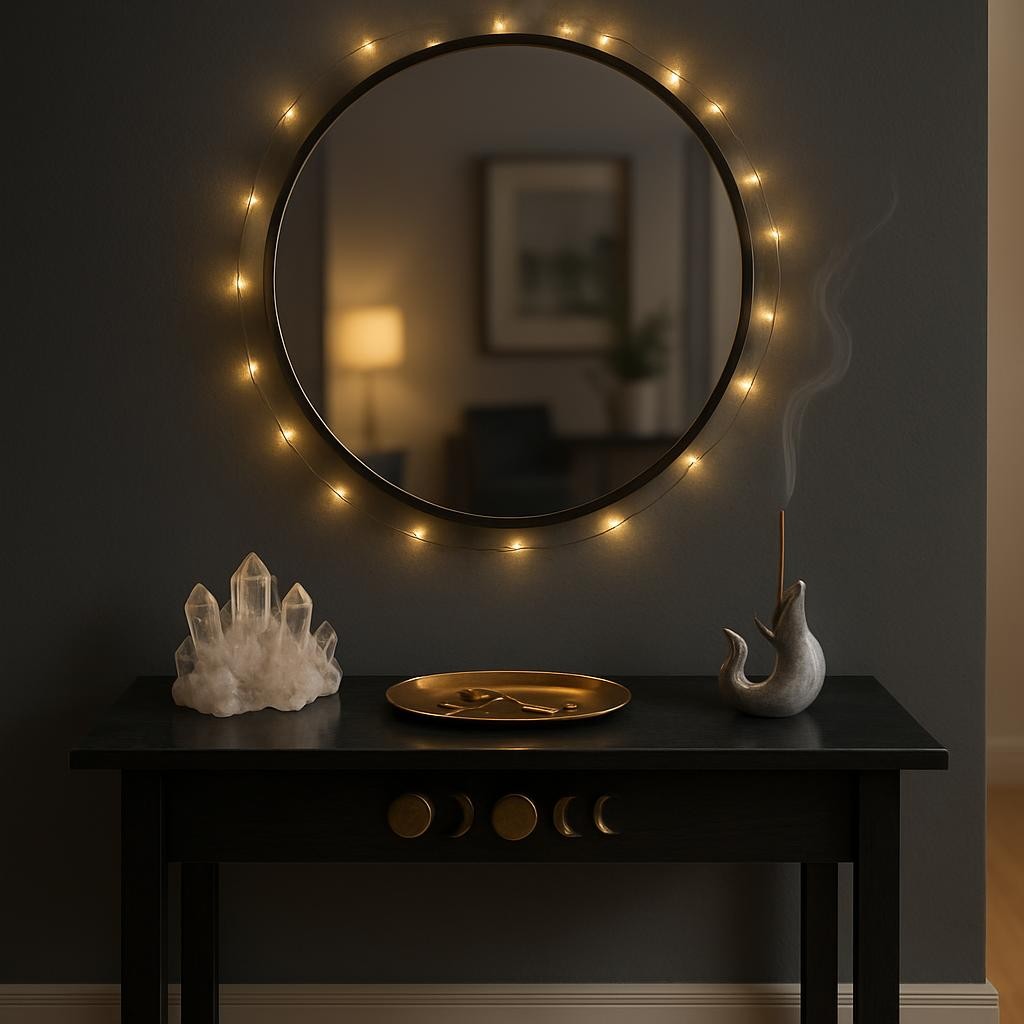 A small altar-style console table in a modern hallway, topped with a smooth obsidian slab holding a cluster of quartz crystals, a brass moon phase tray with keys, and a ceramic incense holder shaped like a curling wolf tail releasing a thin trail of smoke. Above, a simple round mirror is framed by a string of tiny warm fairy lights, reflecting a blurred, stylish interior. The walls are painted soft charcoal, contrasted by pale oak flooring. Photographic realism with soft, diffused evening light from a nearby lamp, creating a calm yet playful glow. Shot straight-on with symmetrical framing and crisp focus, the image captures an everyday entryway transformed into a subtle, magical ritual space for a modern lifestyle.